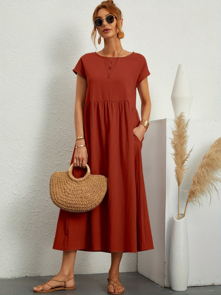 Abito Midi Donna Leggero Tasche Manica Corta Disinvolto