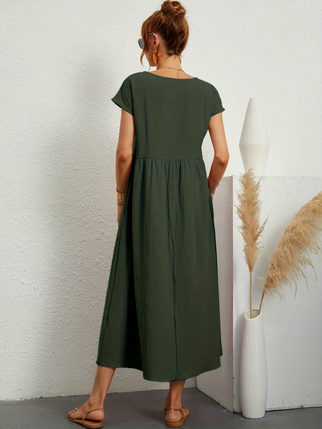 Abito Midi Donna Leggero Tasche Manica Corta Disinvolto