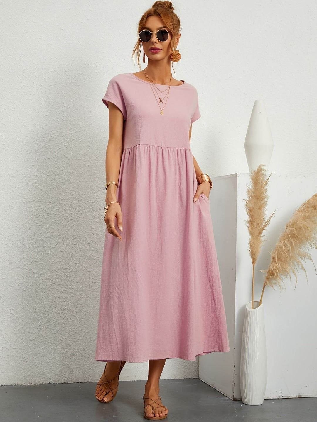 Abito Midi Donna Leggero Tasche Manica Corta Disinvolto