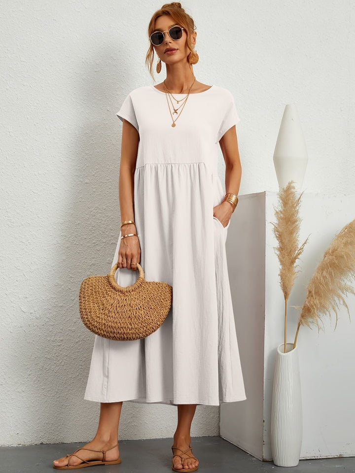 Abito Midi Donna Leggero Tasche Manica Corta Disinvolto
