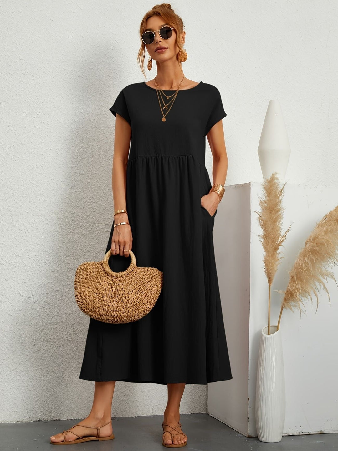 Abito Midi Donna Leggero Tasche Manica Corta Disinvolto