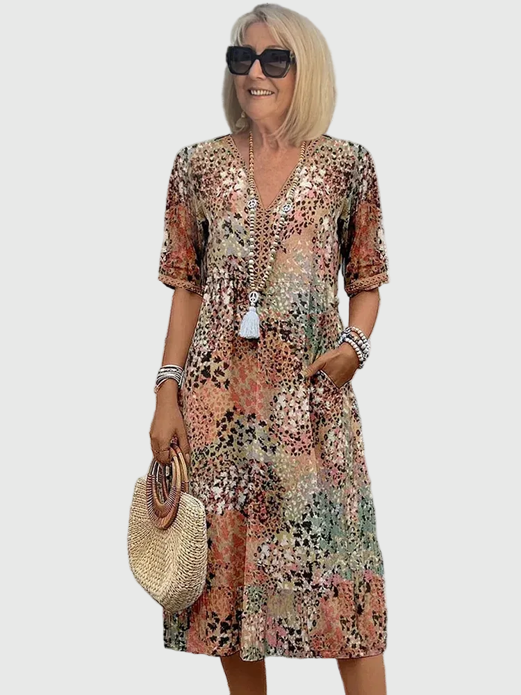 Abito Midi Donna Floreale Scollo a V Tasche Pratiche - Vesarelli