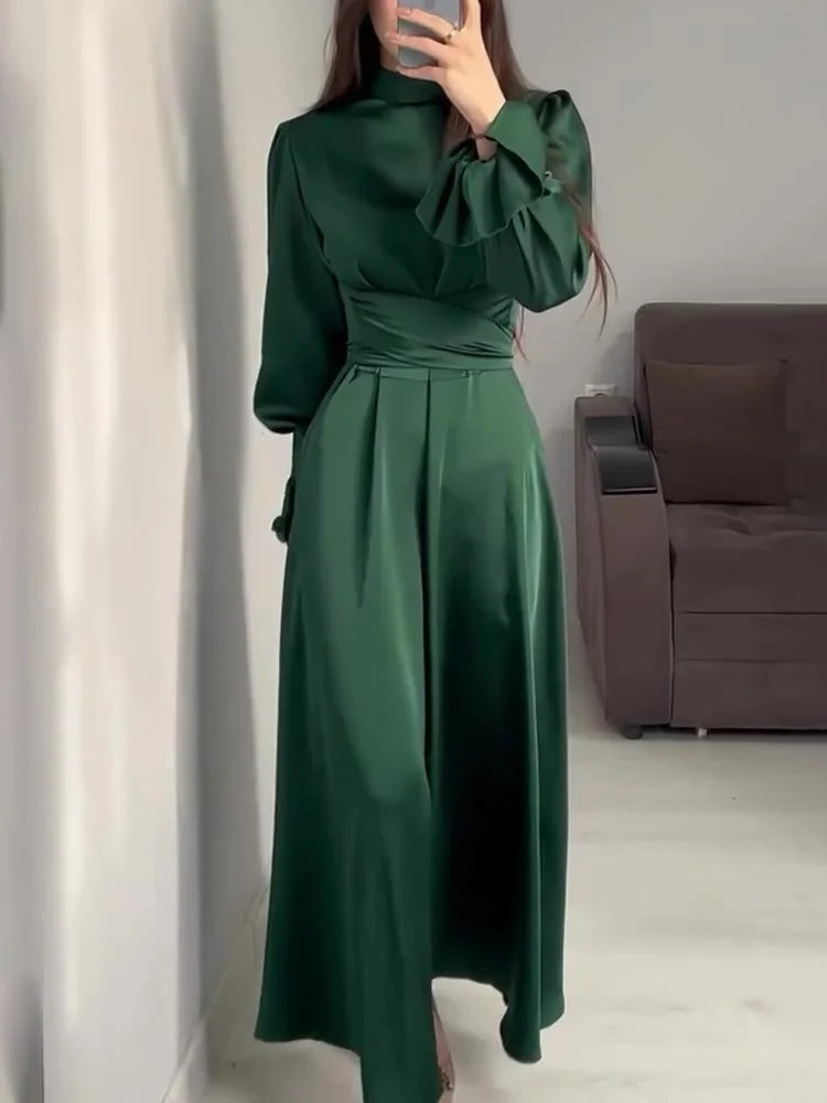 Abito da sera Donna in Raso Lungo Trapezio Maniche Lunghe Sbuffo