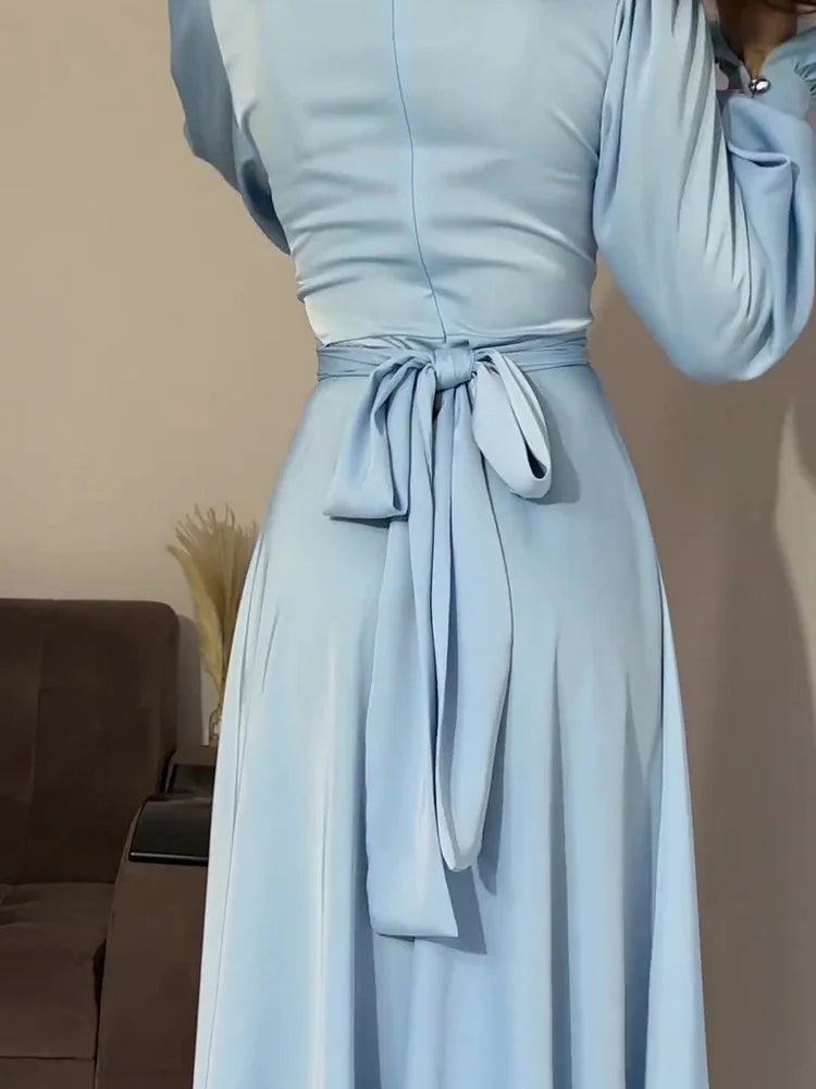 Abito da sera Donna in Raso Lungo Trapezio Maniche Lunghe Sbuffo