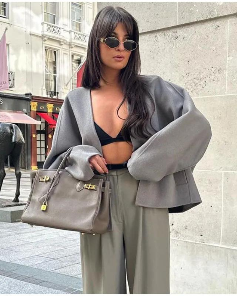 Giacca Donna Corta Misto Lana Monopetto Scollo a V Casual