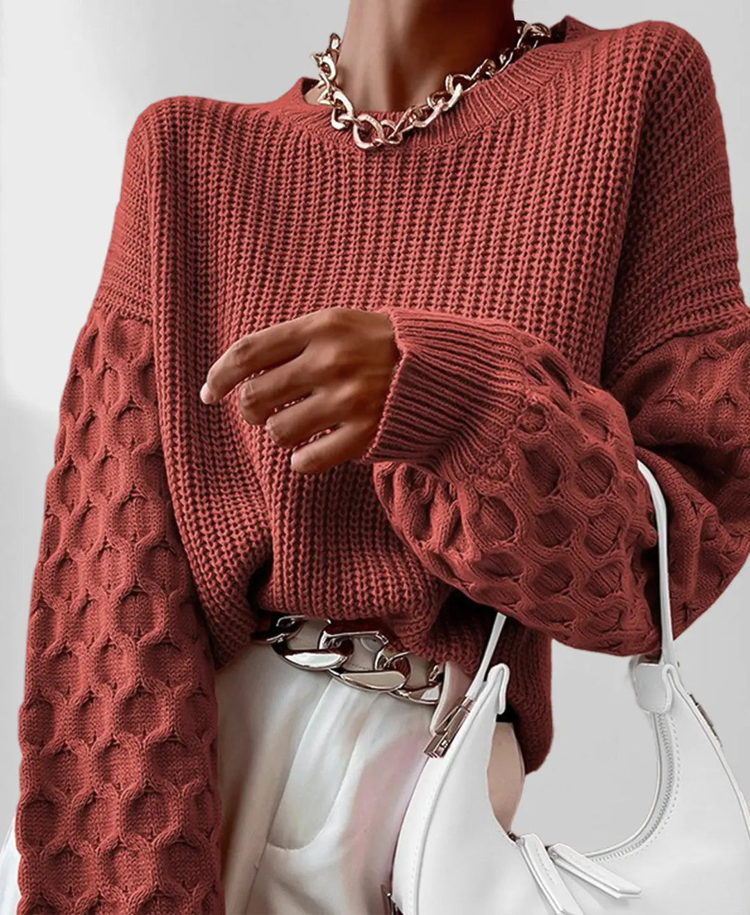 Maglione Donna Lavorato a Maglia Maniche a Lanterna Comodo Ampio - Vesarelli