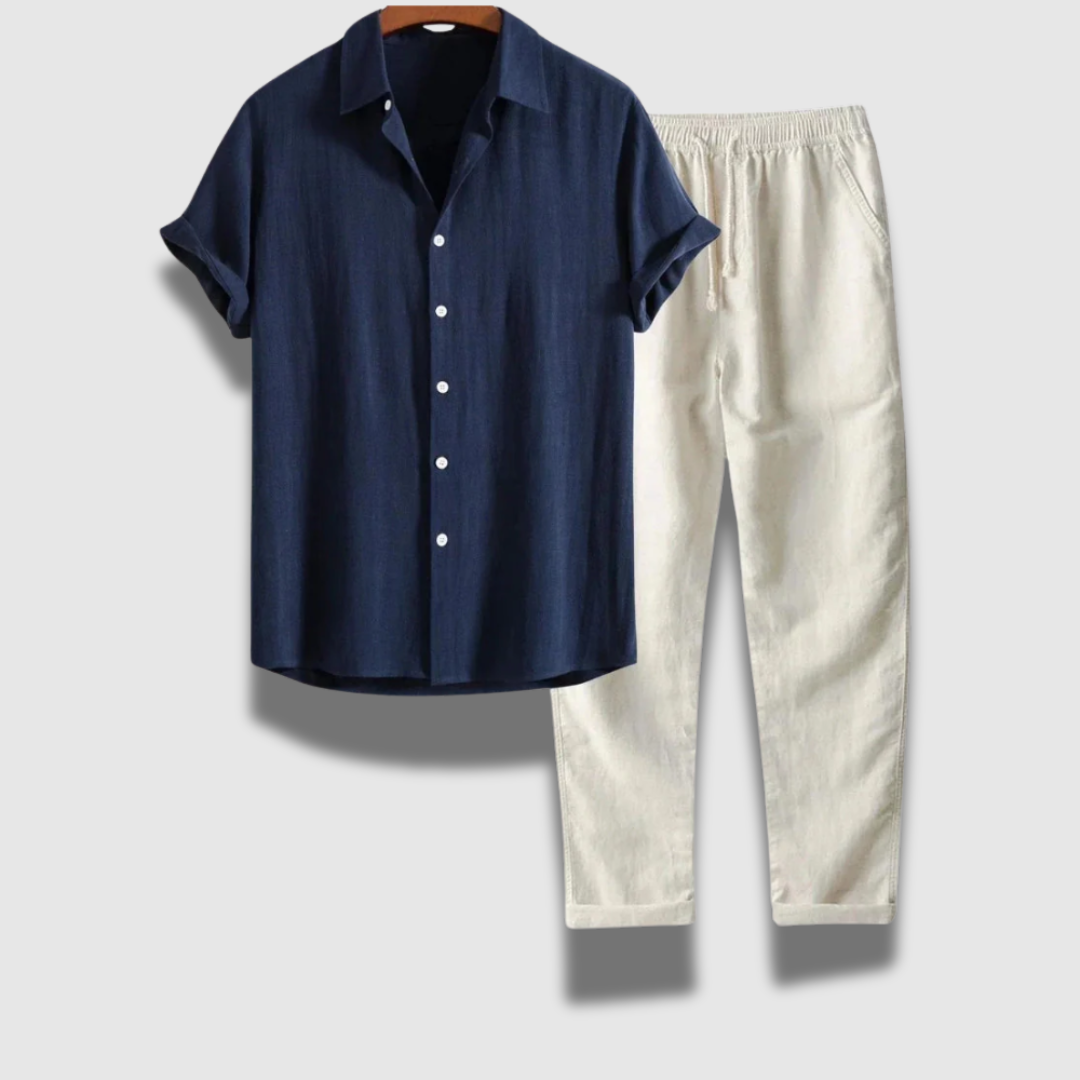 Set Uomo Pantaloni Cotone Camicia Casual Regular Fit