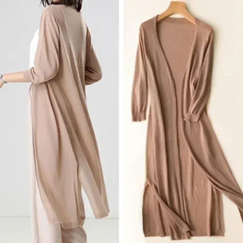 Cardigan Lungo Donna Leggero Aperto Manica Lunga