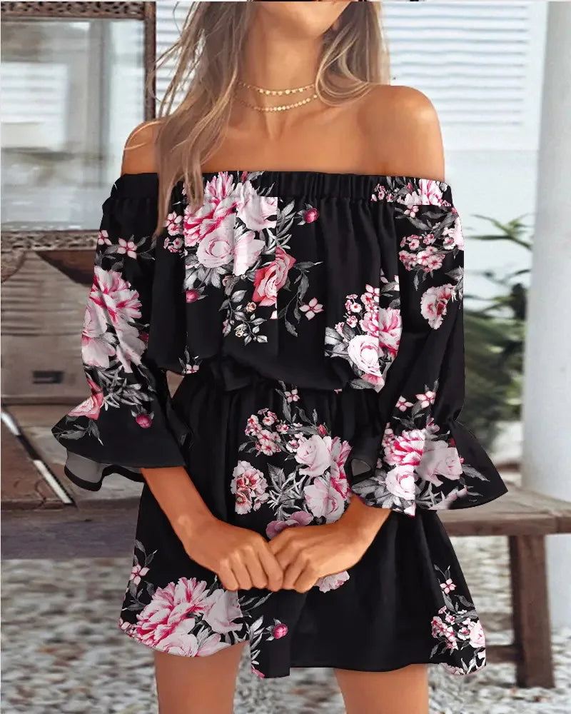Abito Mini Donna Floreale Scollo Bardot