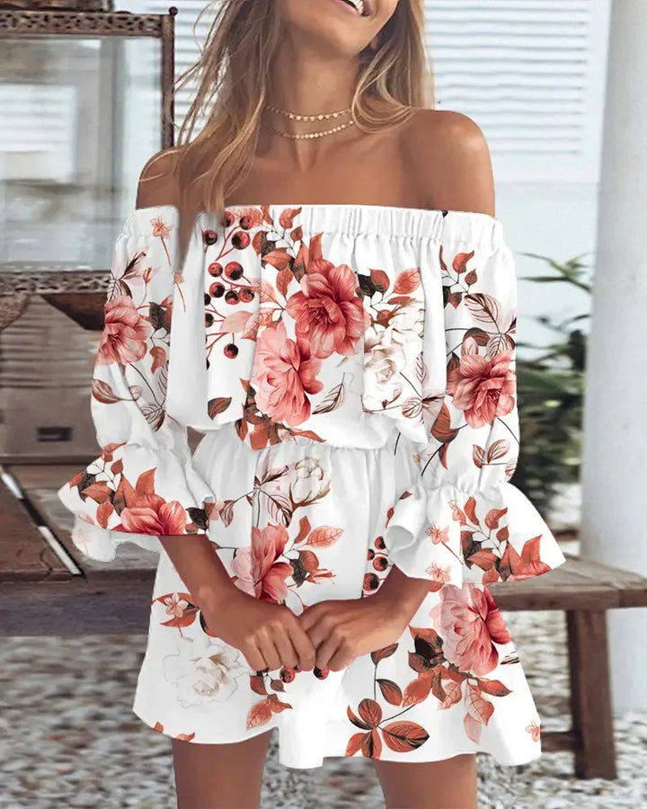 Abito Mini Donna Floreale Scollo Bardot
