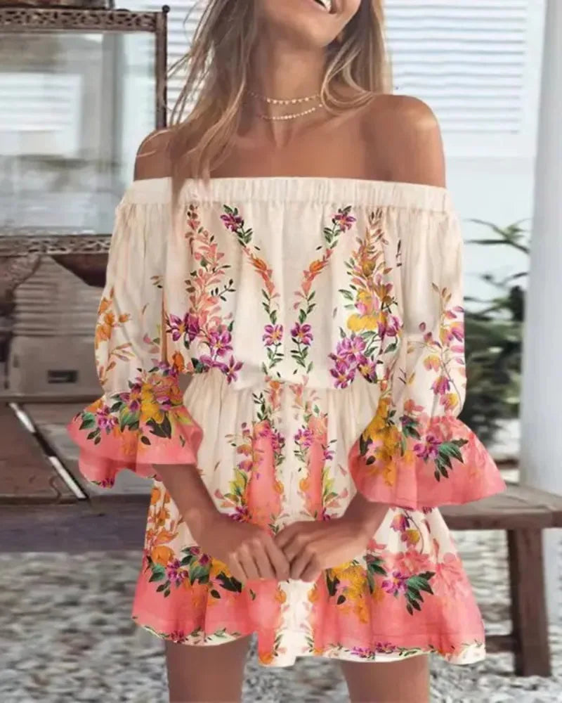 Abito Mini Donna Floreale Scollo Bardot