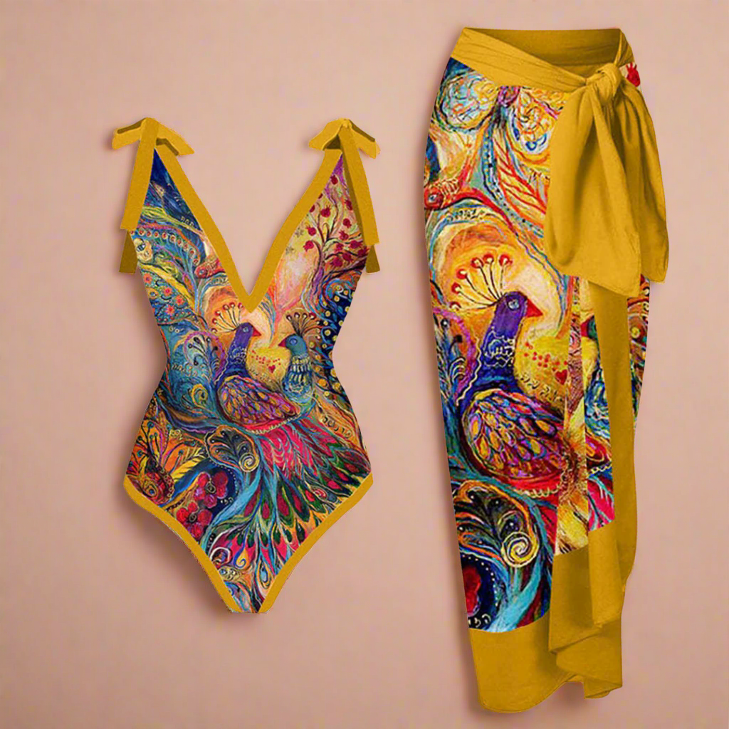 Nicole | Elegante set da spiaggia con motivo floreale e uccelli 3