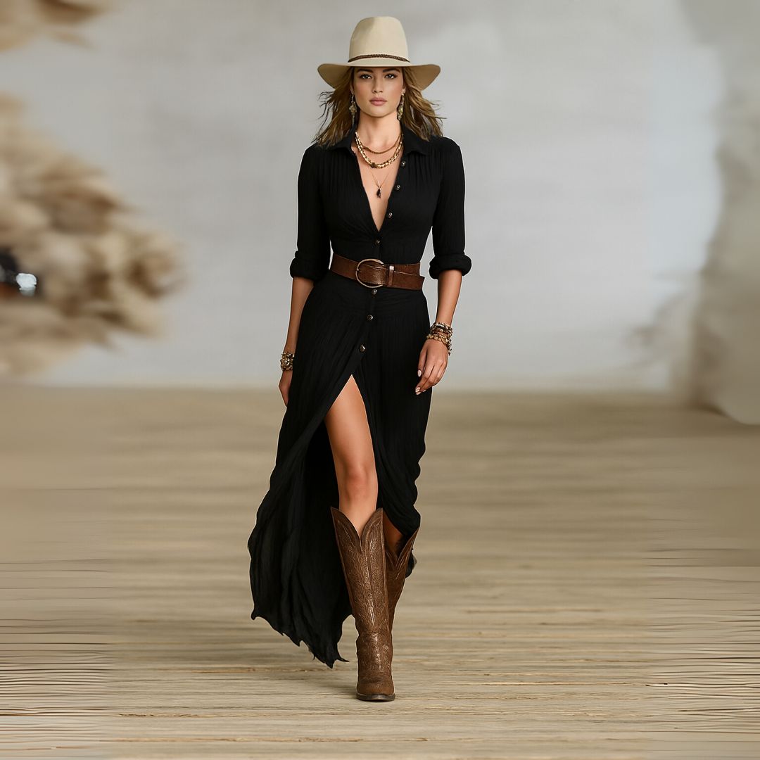 Abito Maxi Donna con Bottoni Scollo Classico