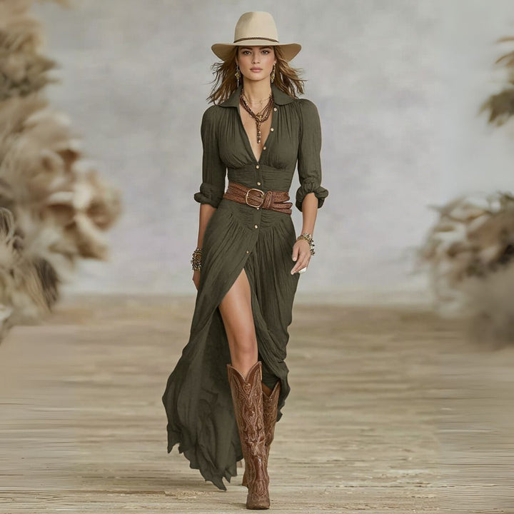 Abito Maxi Donna con Bottoni Scollo Classico