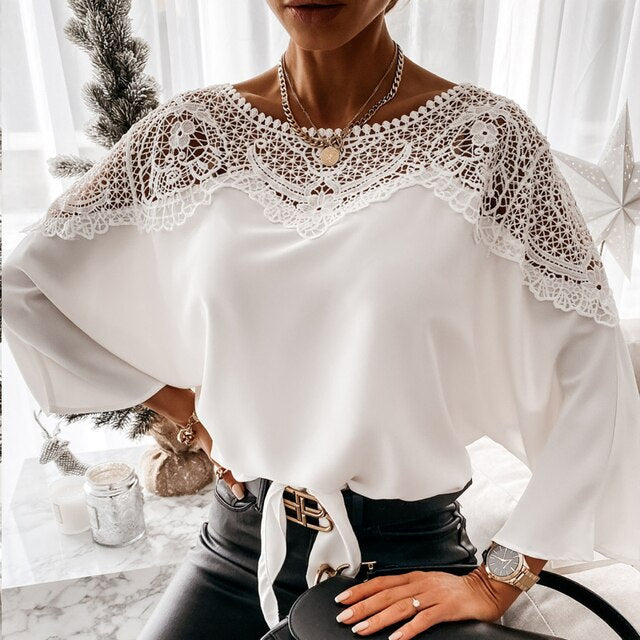 Blusa Donna in Pizzo Maniche Lunghe Stile Elegante