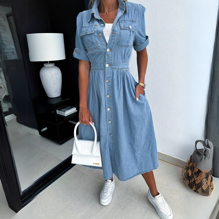 Nora | Elegante Abito Midi Donna in Denim con Maniche a Sbaffo 1