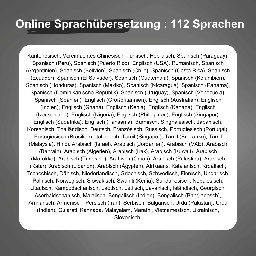 Elenco di lingue per traduzione online, inclusi spagnolo, inglese, francese, tedesco, italiano, cinese, arabo, russo, giapponese, coreano, ebraico.
