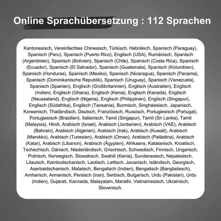 Elenco di lingue per traduzione online, inclusi spagnolo, inglese, francese, tedesco, italiano, cinese, arabo, russo, giapponese, coreano, ebraico.