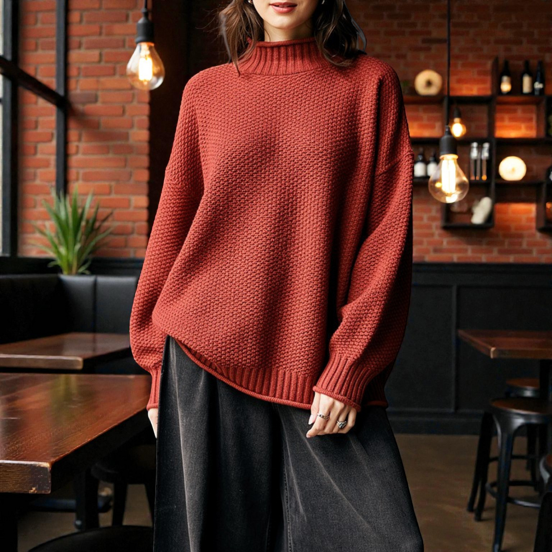 Maglione Donna a Collo Alto in Maglia Spessa a Coste Manica Lunga