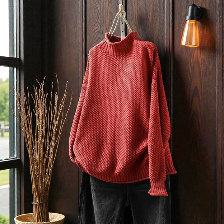 Maglione Donna a Collo Alto in Maglia Spessa a Coste Manica Lunga