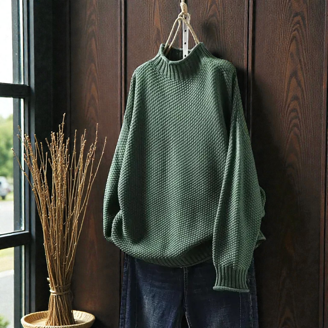 Maglione Donna a Collo Alto in Maglia Spessa a Coste Manica Lunga
