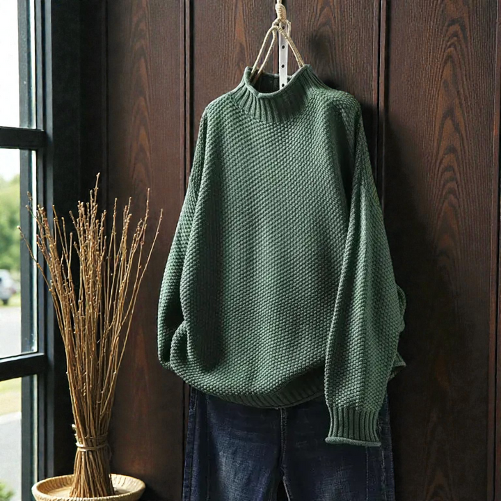 Maglione Donna a Collo Alto in Maglia Spessa a Coste Manica Lunga