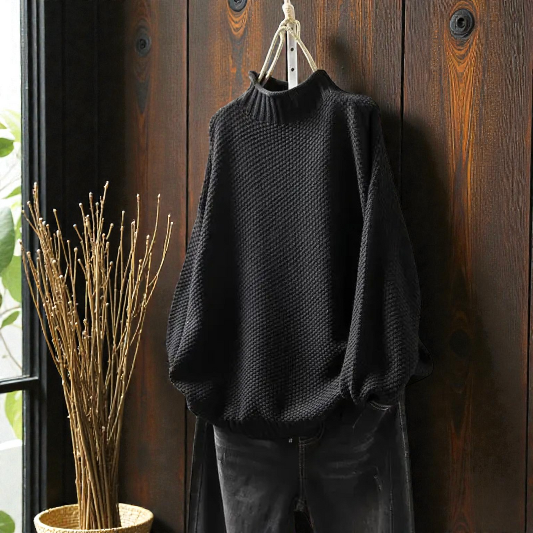Maglione Donna a Collo Alto in Maglia Spessa a Coste Manica Lunga