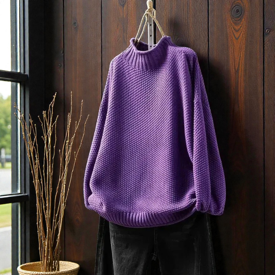 Maglione Donna a Collo Alto in Maglia Spessa a Coste Manica Lunga