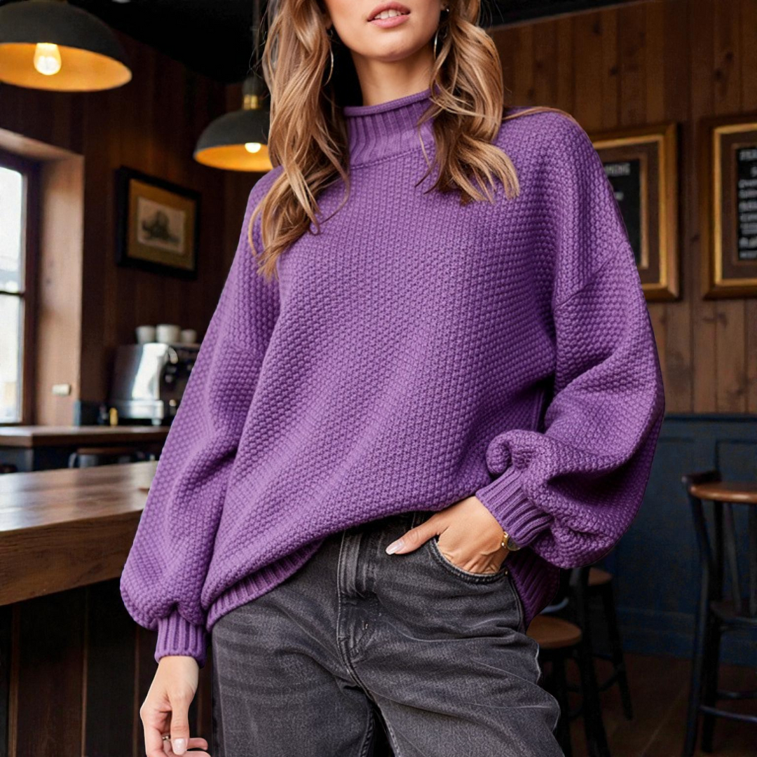 Maglione Donna a Collo Alto in Maglia Spessa a Coste Manica Lunga