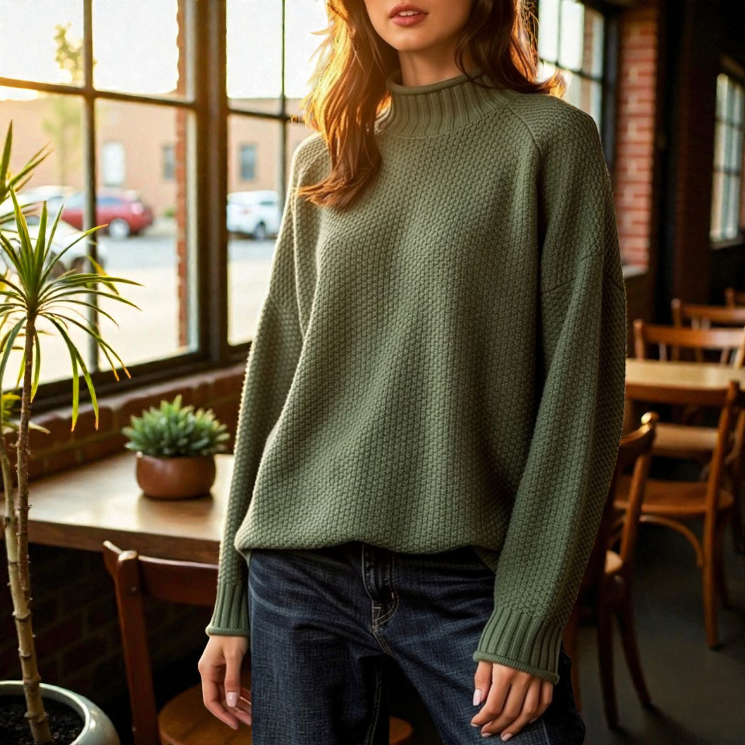 Maglione Donna a Collo Alto in Maglia Spessa a Coste Manica Lunga