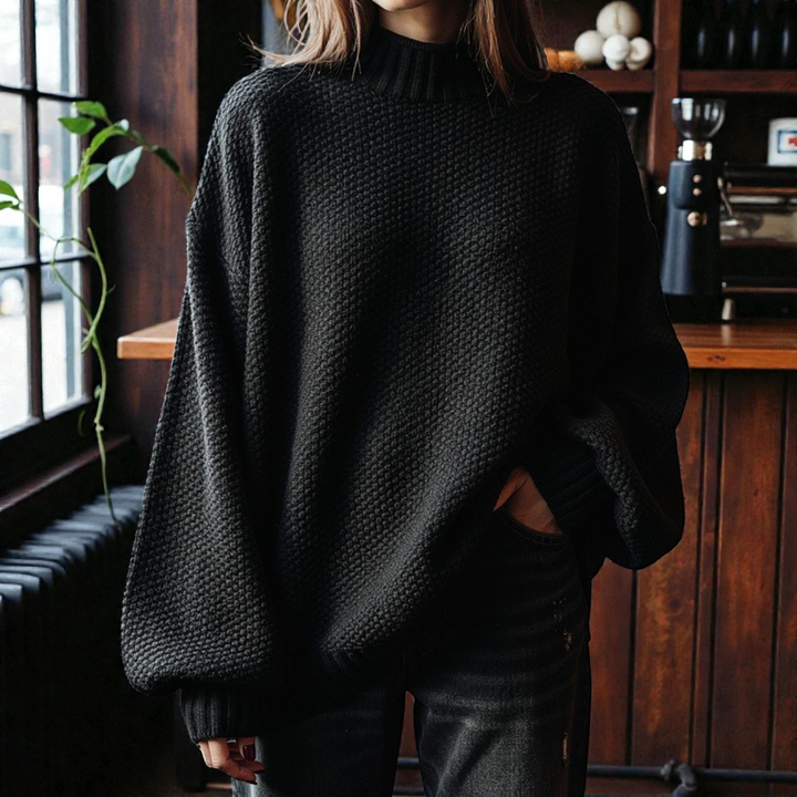 Maglione Donna a Collo Alto in Maglia Spessa a Coste Manica Lunga