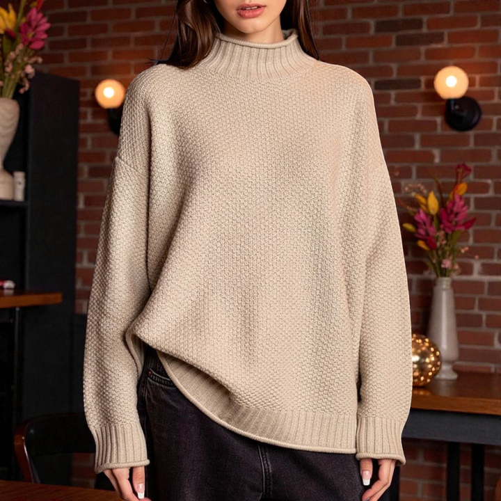 Maglione Donna a Collo Alto in Maglia Spessa a Coste Manica Lunga - Vesarelli