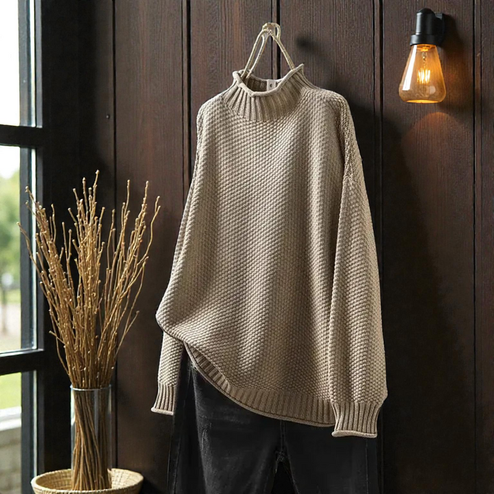 Maglione Donna a Collo Alto in Maglia Spessa a Coste Manica Lunga