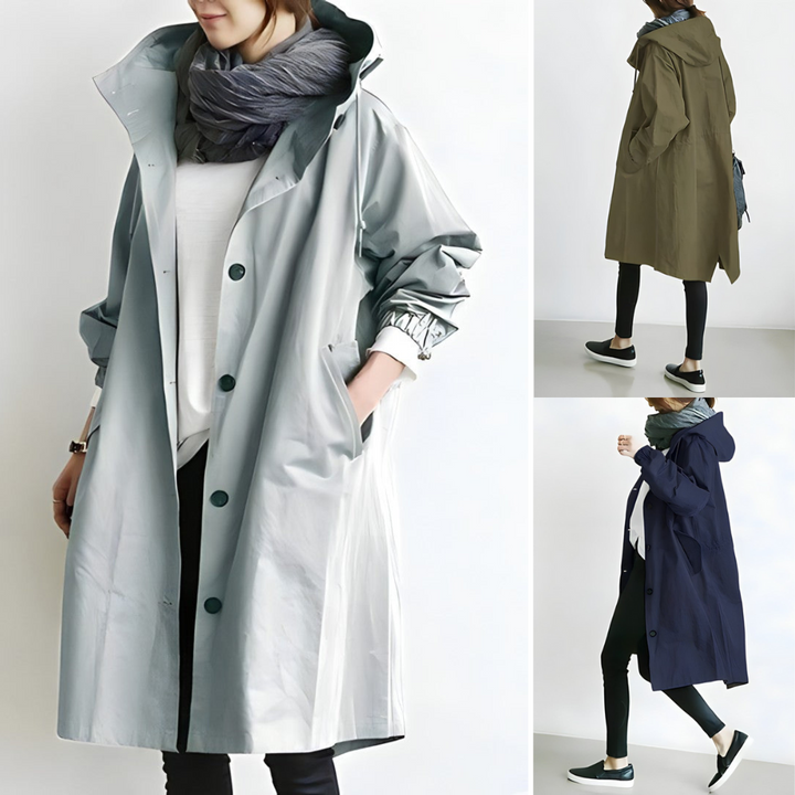 Cappotto impermeabile donna, lungo, con cappuccio, disponibile in grigio, verde e blu. Design elegante, perfetto per la moda autunnale.