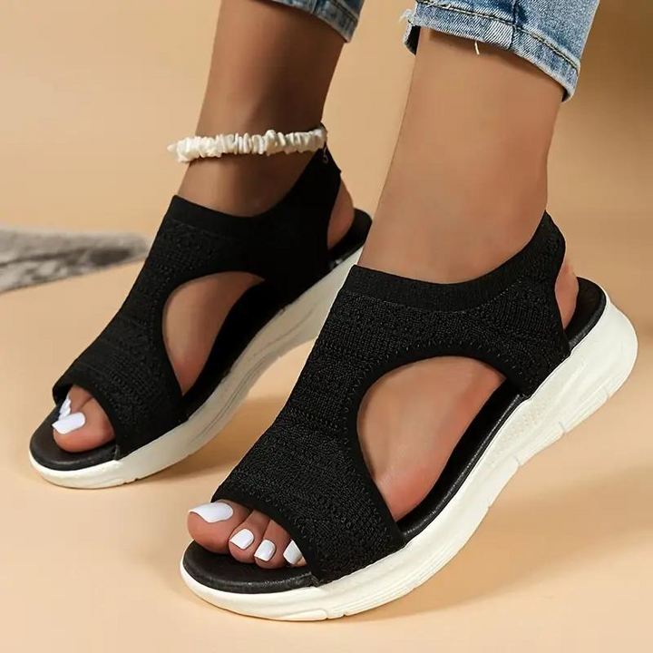 Sandali estivi da donna neri, tessuto traspirante, suola bianca spessa, design aperto, moda casual, perfetti per passeggiate e tempo libero.