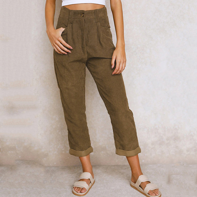 Pantaloni Donna a Coste Vita Alta Comfort Fit