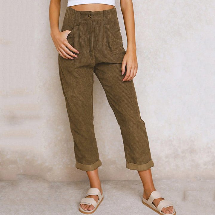 Pantaloni Donna a Coste Vita Alta Comfort Fit