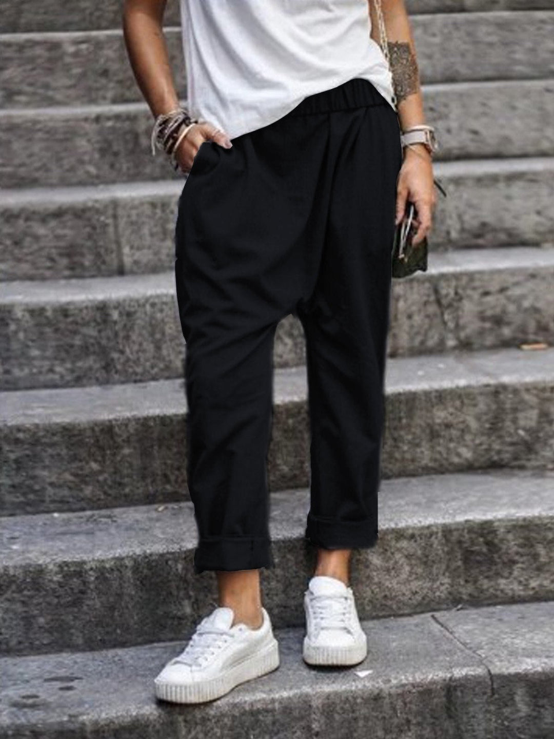 Pantaloni Donna Vita Elasticizzata Tessuto Morbido Comodo - Vesarelli