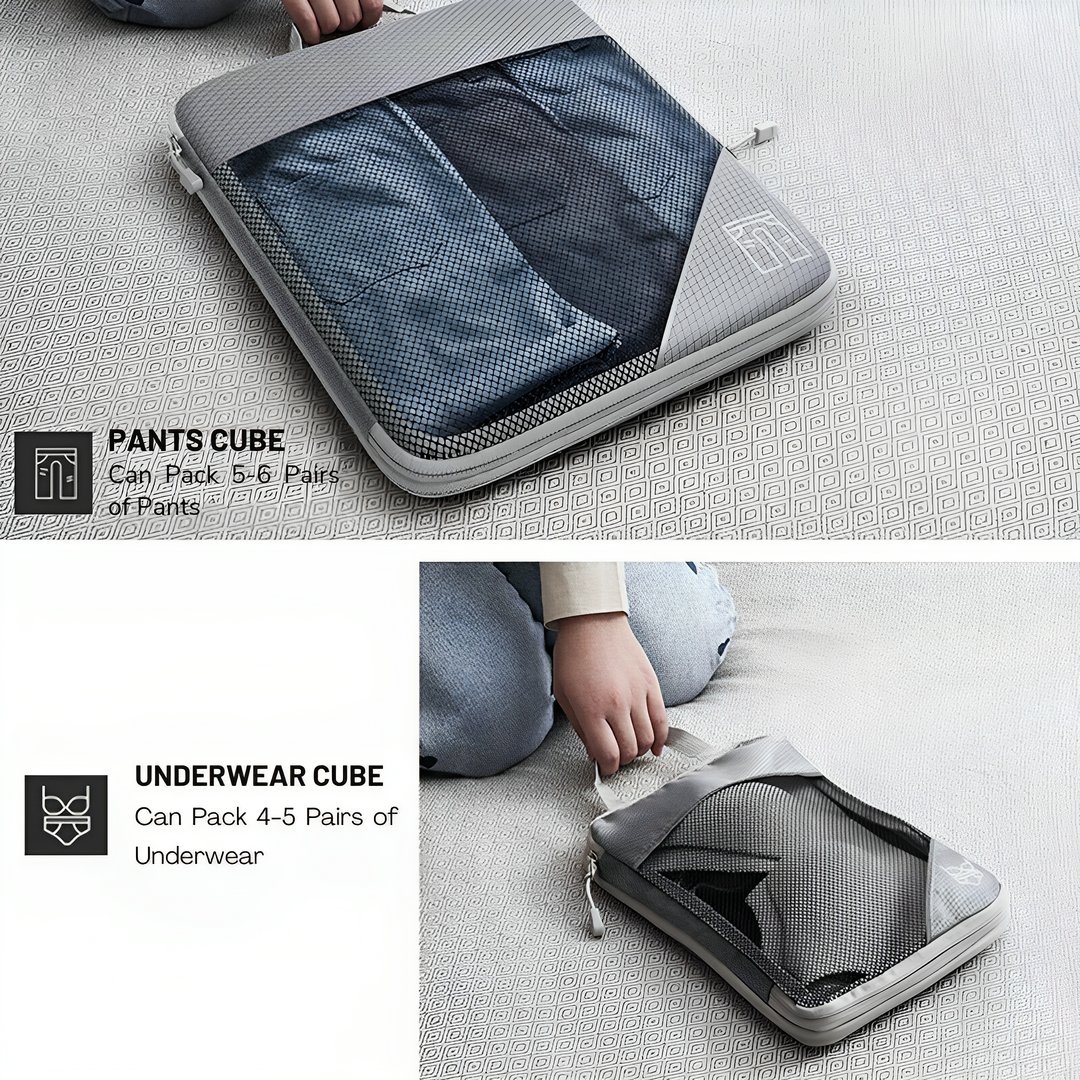 Cubo organizer da viaggio grigio per pantaloni e biancheria intima, capacità 5-8 pantaloni o 4-5 paia di biancheria, design compatto e funzionale.