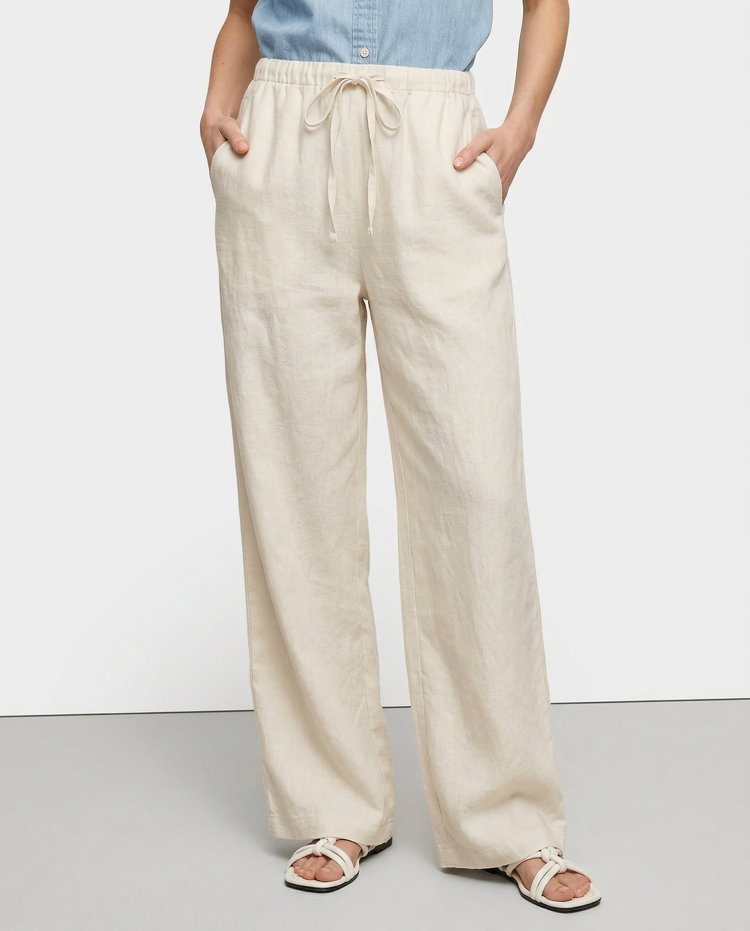 Paola | Donna Pantaloni Gamba Larga Lino Vita Elastica Coulisse 4