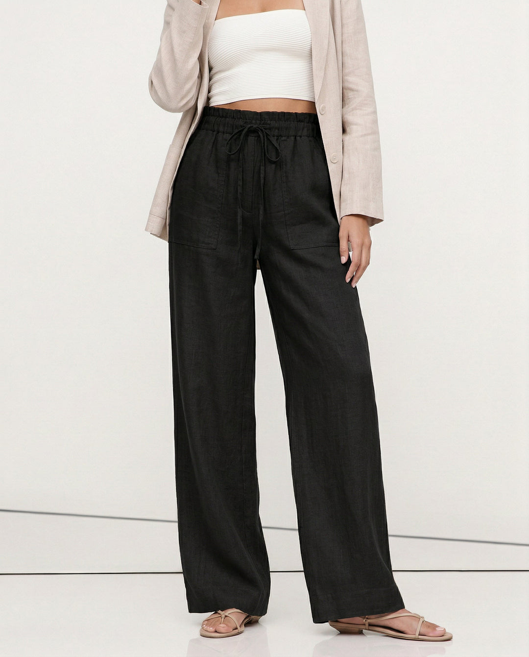 Patty| Donna Pantaloni Gamba Larga Lino Coulisse Tasche Applica 2