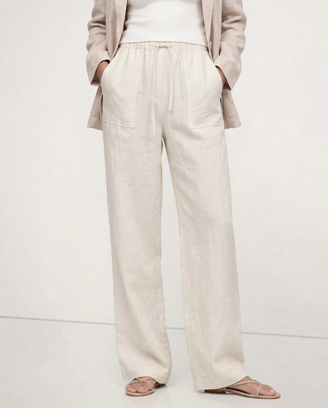 Patty| Donna Pantaloni Gamba Larga Lino Coulisse Tasche Applica 4