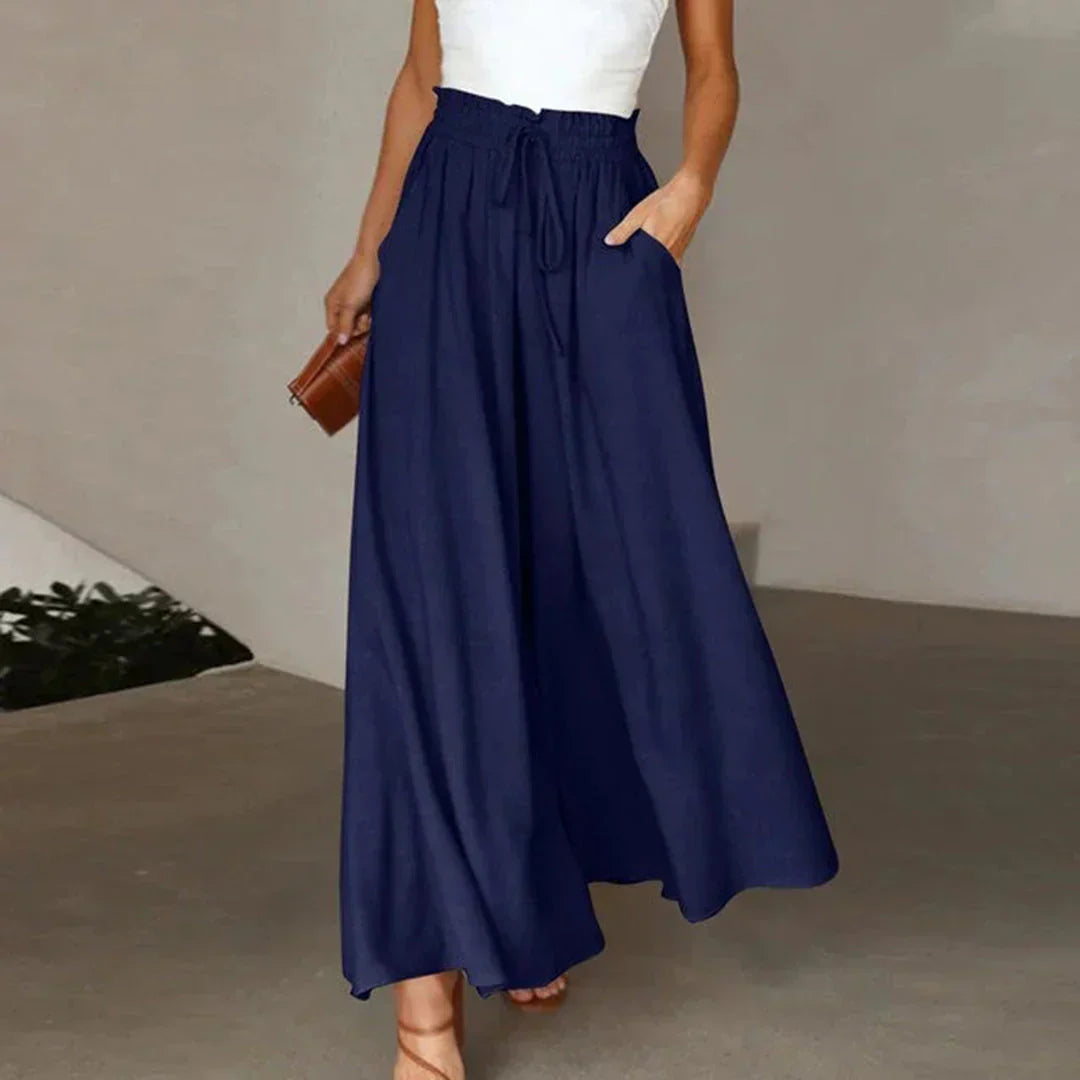 Pantaloni Donna Vita Alta Tessuto Leggero Gamba Larga Lunga