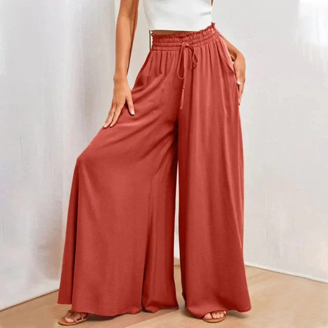 Pantaloni Donna Vita Alta Tessuto Leggero Gamba Larga Lunga