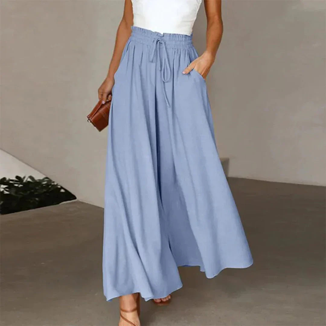 Pantaloni Donna Vita Alta Tessuto Leggero Gamba Larga Lunga