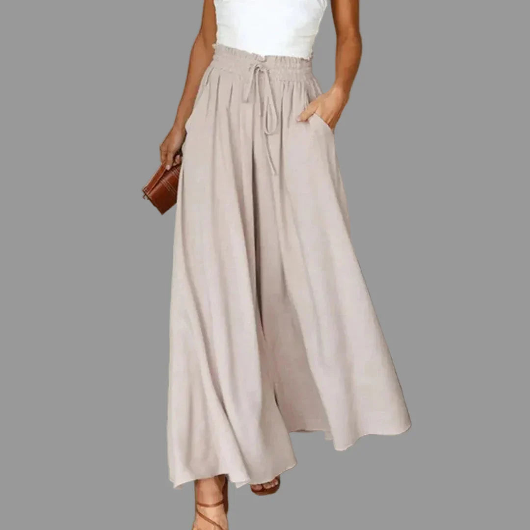 Pantaloni Donna Vita Alta Tessuto Leggero Gamba Larga Lunga - Vesarelli
