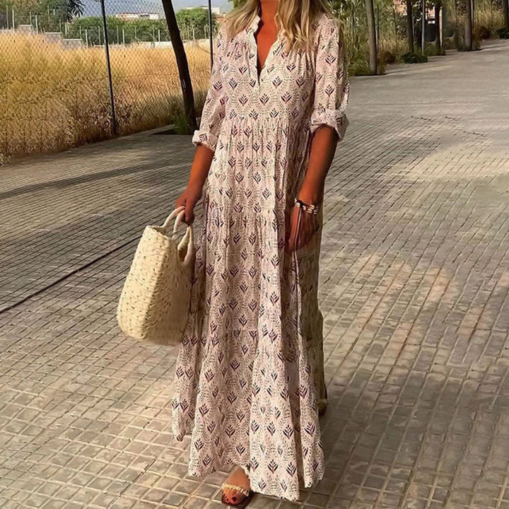 Abito Lungo Donna Scollo a V Tessuto Leggero Stile Boho