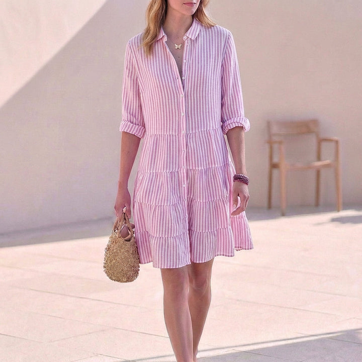 Abito Midi Donna Scollo a V Maniche Tre Quarti Stratificato