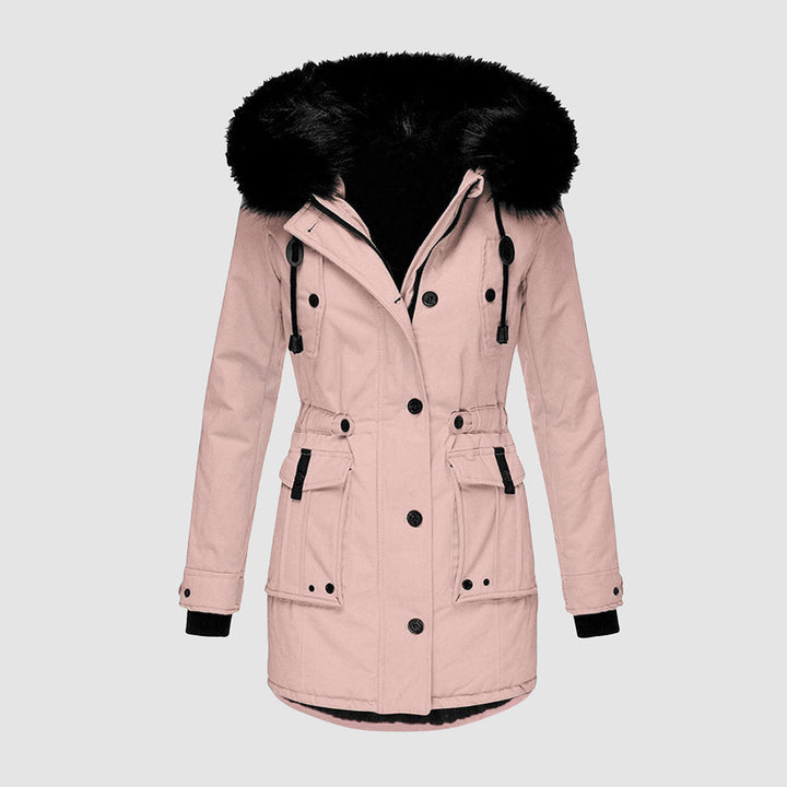 Giacca parka rosa da donna con cappuccio in pelliccia sintetica nera, chiusura a bottoni, tasche frontali, ideale per l'inverno.