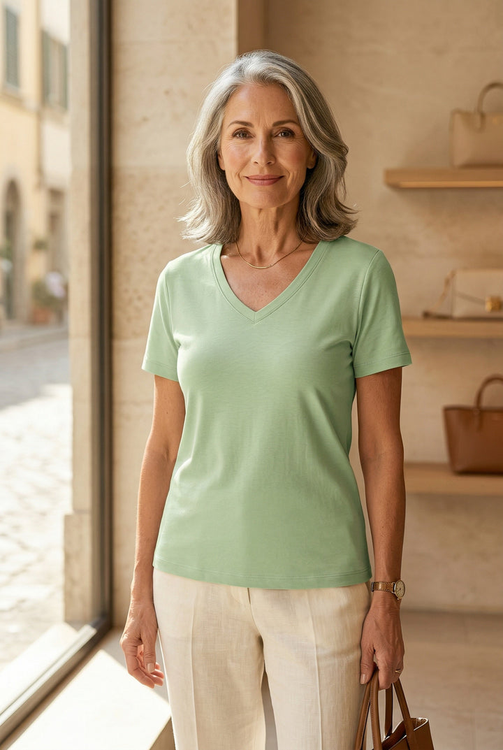 T-shirt Donna Cotone e Seta Scollo a V Manica Corta
